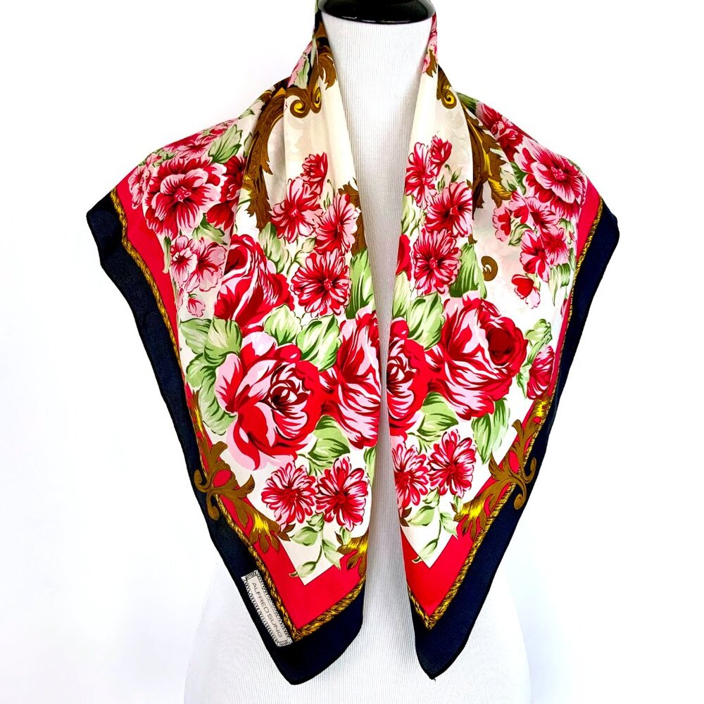 Vintage 80s - 90s Alfred Sung Silk Vibrant Floral Botanical Print Scarf 31"